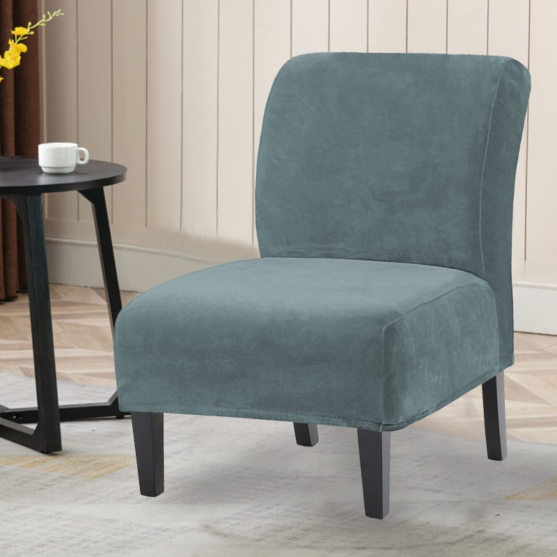 UCCONO Armless Accent Chair Slipcovers Replacement Thick Velvet Chair Covers for Living Room Oversized Big Chairs, Removable Furniture Protector with Elastic Bottom, Machine Washable (Stone Blue) - Image 2